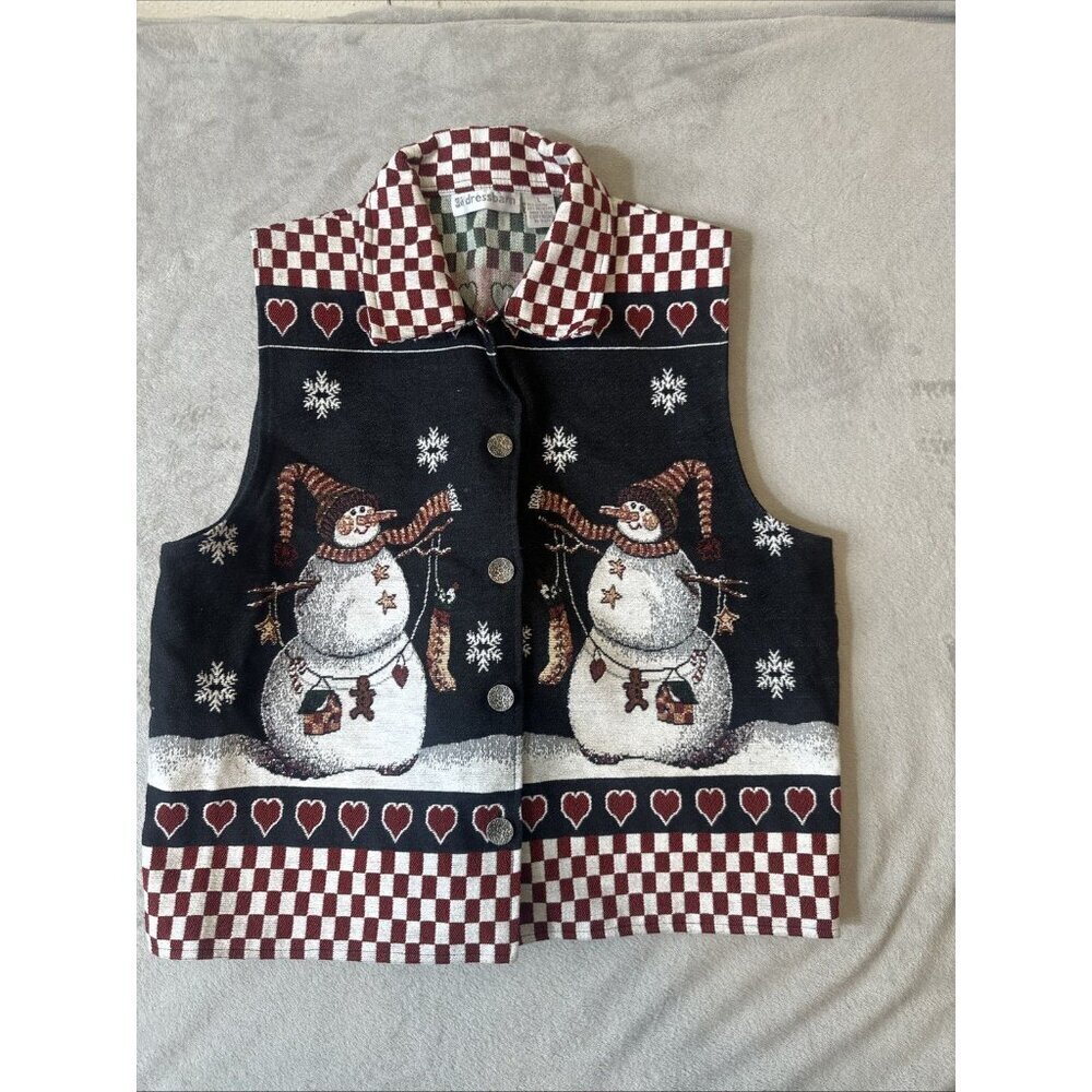 Dressbarn Christmas Tapestry Sweater Vest Womens Large Snowman Holiday Knit